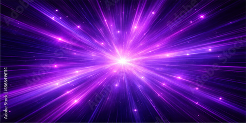 Abstract blue and purple space background featuring a bright star burst with glowing laser rays and shiny energy flares for a disco night vector design illustration