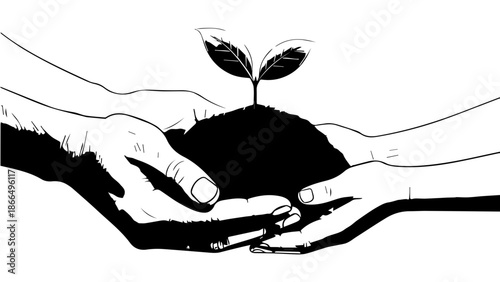 Hands planting a seedling isolated on white background, Vector
