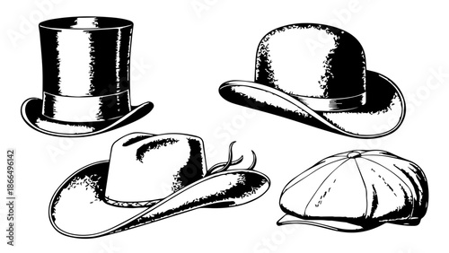 Assorted vintage hats collection isolated on white background, Vector