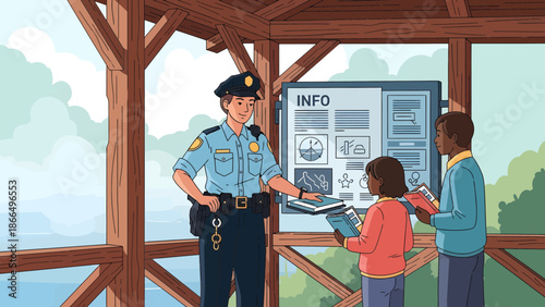 Officer Explaining Information to Children at Park Information Board.