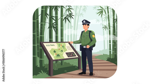 Park Ranger Examining Map in Bamboo Forest Illustration.