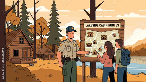 Park Ranger Explaining Lakeside Cabin Routes to Visitors.