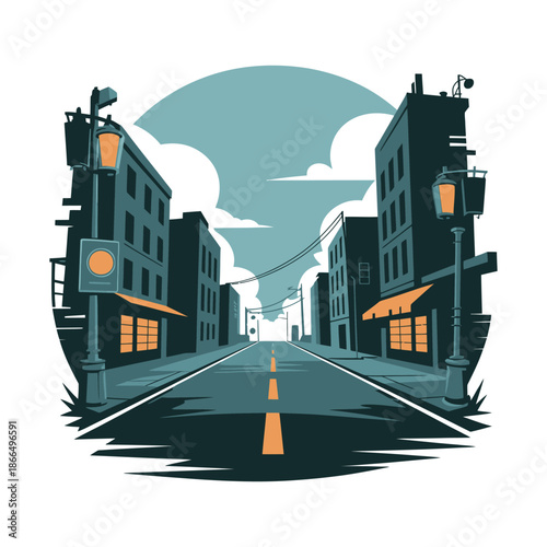 A stylized illustration of a city street with buildings and streetlights under a cloudy sky