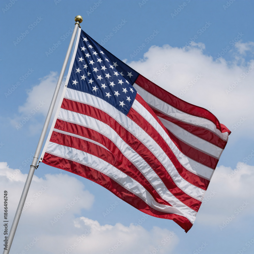 Obraz premium American flag against a blue sky and clouds