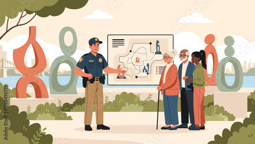 Police Officer Giving Directions to Tourists at Sculpture Park.