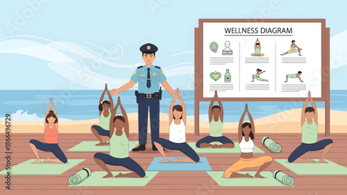 Police Officer Guiding Yoga Session on Beach for Wellness.