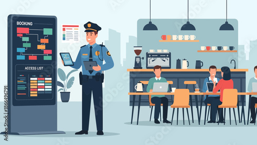 Police Officer Using Digital Kiosk in a Cafe.