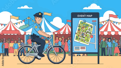 Police Officer on Bicycle at Outdoor Event with Map.