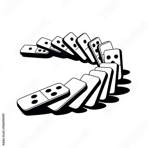 A black and white illustration of dominoes falling in a circular motion on a plain background