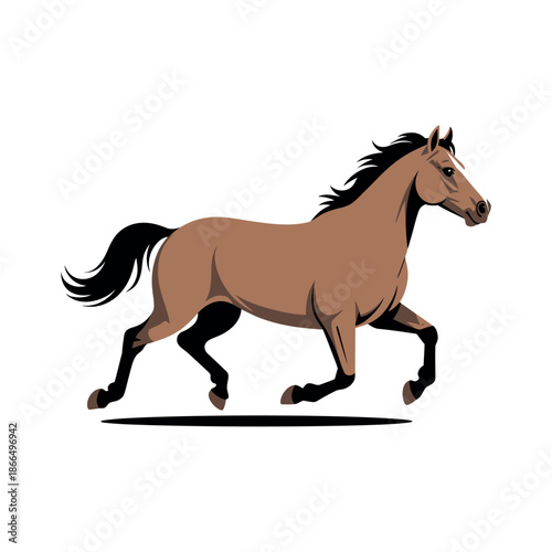 A brown horse with a black mane and tail is running on a white background