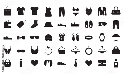 Diverse collection of fashion and shopping icons for modern lifestyle products and apparel