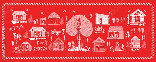 Ethnic Tribal Illustration - Hand-Drawn Folk Art Capturing the Simplicity of Rural India. Warli art, Indian rural life, Village scene, Tribal folk art