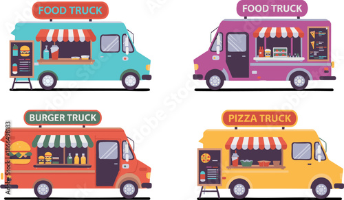 Set of Colorful Flat Design Food Trucks with Awnings and Specific Branding, Isolated