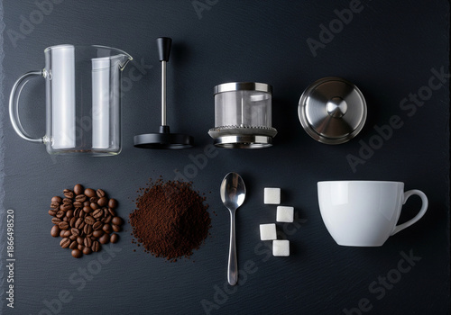 Coffee making equipment and beans arranged on dark slate background knolling.