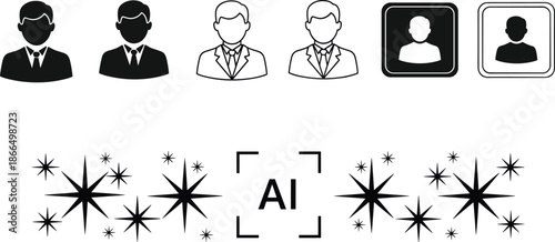 User avatar icon set, male profile silhouettes, business person outline symbols, artificial intelligence recognition stars, modern minimal black vector design
