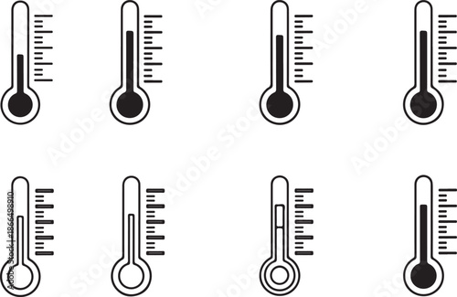 Temperature icon set with thermometer symbols. Temperature scale indicators for warm and cold weather concepts. Vector illustration
