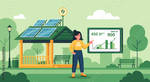 Woman Presenting Solar Energy Data in a Park.