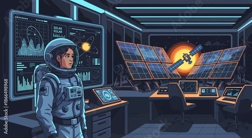 Astronaut in Space Station Control Room Observing Solar Activity.