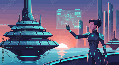 Futuristic Woman Interacting with Holographic Interface in a SciFi Cityscape.