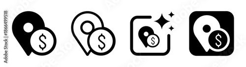 US dollar location pin icon for paid services banking and pricing maps