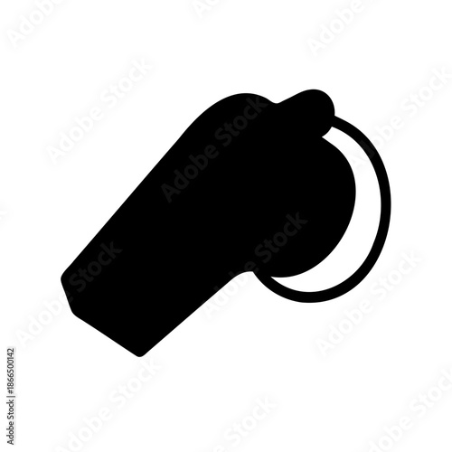 Stylized black silhouette of a whistle isolated against a white background