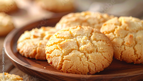 Close-up of crumbly shortbread cookies on wooden plate with subtle shadows