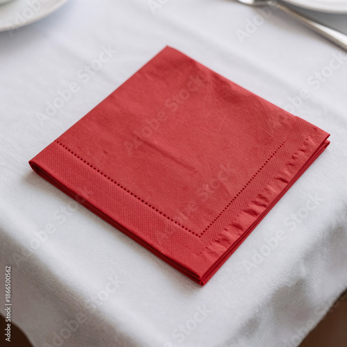 Isolated red napkin on white tablecloth in a kitchen setting (top view)