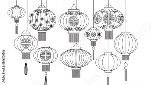 Collection of decorative hanging Chinese lanterns in black and white line art.