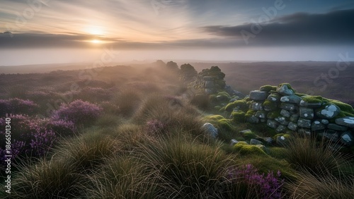 Serene landscape with mossy stone wall at sunrise in purple heather field