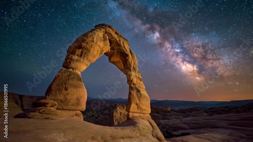 4K Delicate arch under the milky way at night in arches national park, utah iconic natural rock formation against a starry sky video