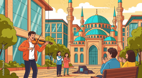 Violinist Performing in a City Square with Mosque Backdrop.