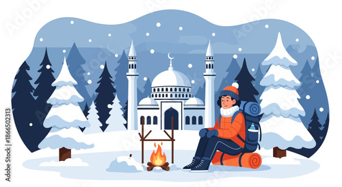 Winter Camping by a Mosque A Solitary Travelers Snowy Retreat.