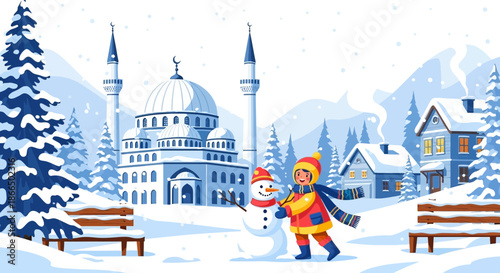 Winter Fun Child Building a Snowman Near a Mosque.