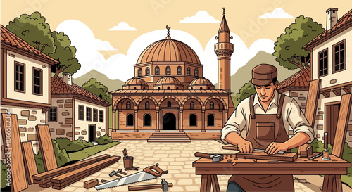 Artisan Craftsman Working with Wood in a Traditional Setting.