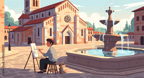 Artist painting a cityscape scene with fountain and church.