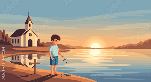 Boy Fishing by Lakeside Church at Sunset.
