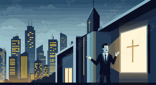 Man in Suit Presenting Church with Cross in Cityscape.