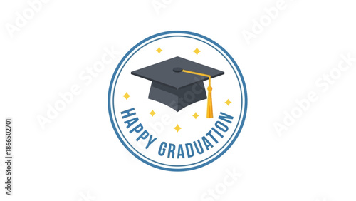 Happy Graduation Badge with Mortarboard and Starburst Design on White Background - Celebration Concept