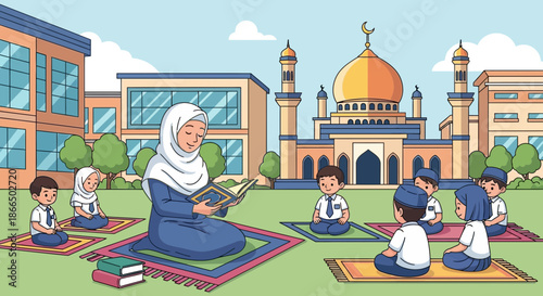 Muslim teacher reading to students outdoors near a mosque.
