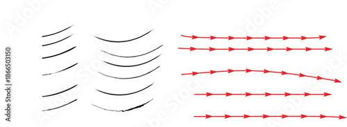 Curved Line Strokes with Red Stitched Pattern Minimal Abstract Design Set