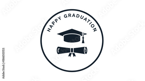 Simple Graduation Celebration Badge with Mortarboard and Diploma Scroll in Monochrome