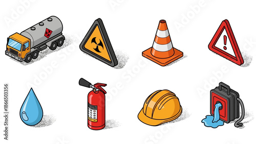 Industrial safety icons set with hazard symbols in isometric style
