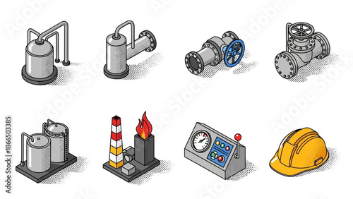 Industrial equipment isometric icons featuring machinery and safety elements