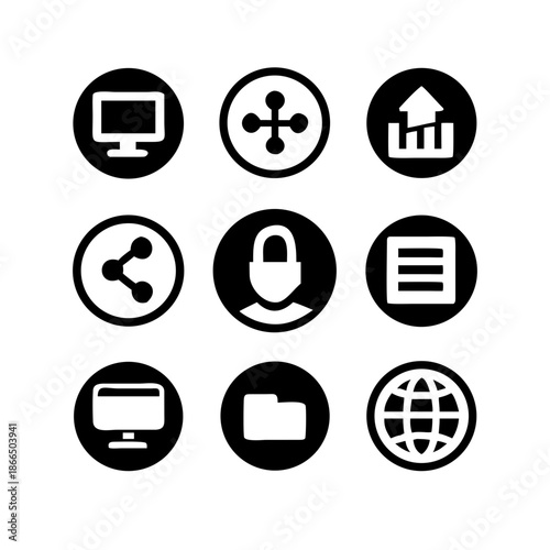 Collection of nine circular icons representing various digital services and actions