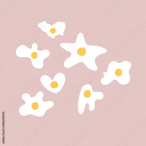 Hand drawn fried egg vector illustration set with abstract organic shapes. Collection of sunny-side-up eggs with yolks in a soft pastel color palette. Suitable for food illustrations, kitchen decor