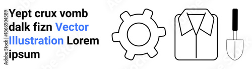 Industrial processes, fashion design, gardening tools, DIY crafts, educational materials, branding concepts. Minimalistic gear, shirt and trowel icons with editable text. Industrial processes