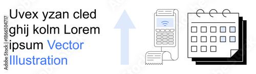 Payment processing, financial planning, organization, business transactions, digital tools, scheduling. Payment terminal connected to a calendar. Payment processing and financial planning