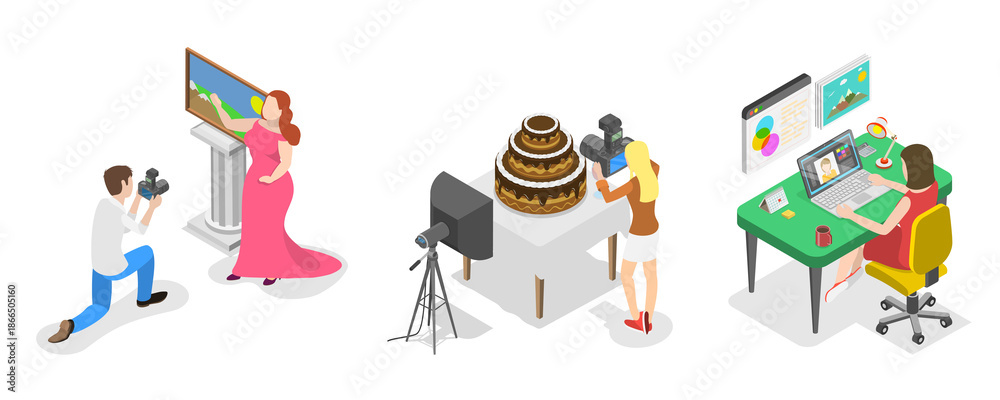 Naklejka premium 3D Isometric Flat Illustration of Professional Photographer, Photo Editing Software