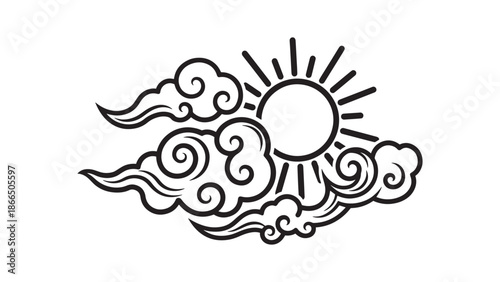 Stylized sun and swirling clouds illustration suitable for weather, nature, and graphic design projects.