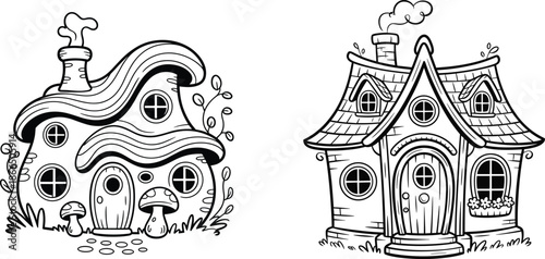 Whimsical Fantasy House Line Illustration,Clean black and white line art style,isolated on white background,suitable for coloring books,children illustrations,fairy tale concepts,creative design proje
